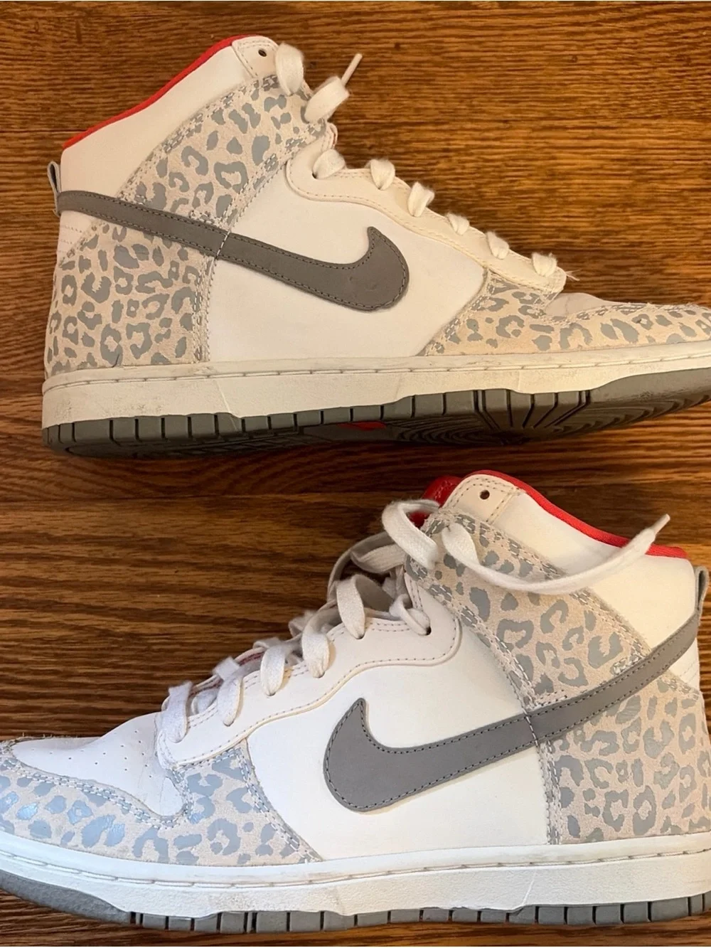 Nike White High-Top Sneakers with Coral Lining and Gray Leopard Accents - Picture 4 of 7